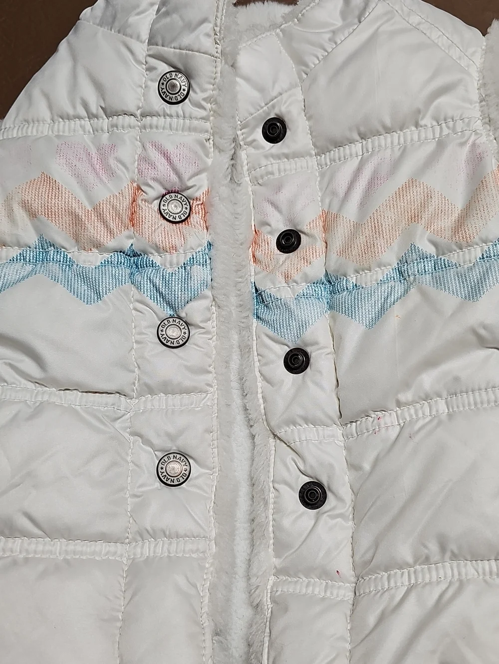 Old Navy Kids White Puffer Vest with Pastel Chevron Detail